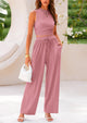 Ribbed Knit Sleeveless Crop Tank Tops Wide Leg Casual Pants Two Piece Sets