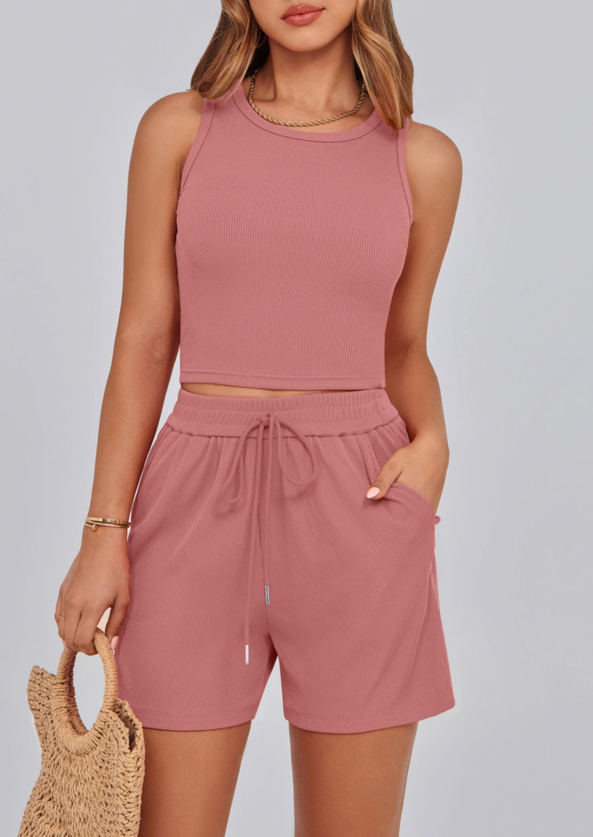 Solid Color Casual Sleeveless Two Piece Sets