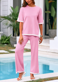 Casual Short Sleeve Knit Sweater Tops Wide Leg Pants 2 Piece Sets