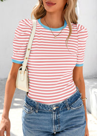 Puff Sleeve Casual Ribbed Knit Color Block Striped Pullover T-shirts