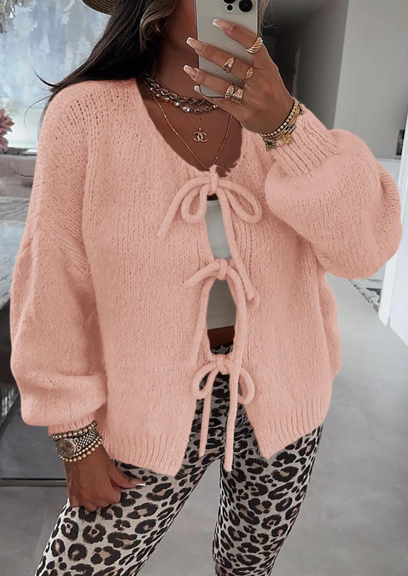 PRETTYGARDEN Women's Tie Front Bow Cardigan Sweaters Chunky Knit Long Puff Sleeve Trendy Fall Winter Jacket Coats