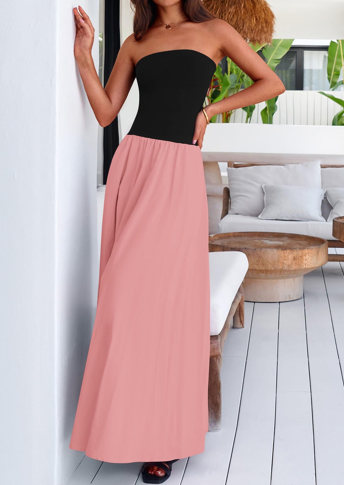 Strapless Patchwork Long Flowy Elegant Tube Top Maxi Dresses with Pockets