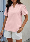 PRETTYGARDEN Womens Casual Summer Tops V Neck Short Puff Sleeve Pleated Cotton T Shirts Loose Dressy Blouses