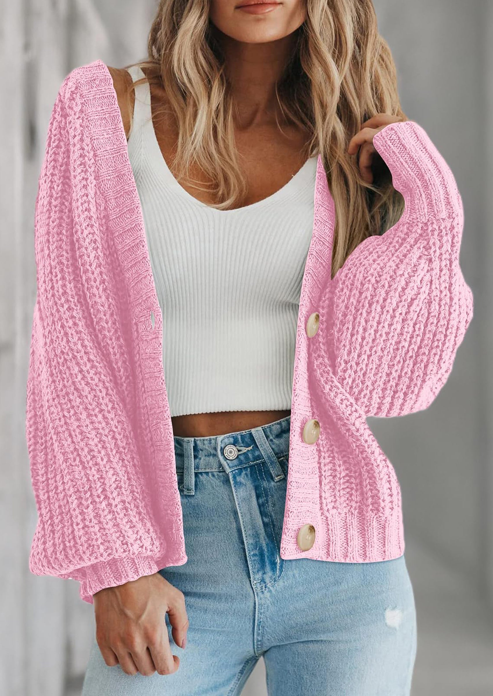 PRETTYGARDEN Women's Chunky Knit Open Front Sweater Long Sleeve Button Loose Short Cardigan Outerwear Coats