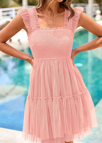 Casual Sleeveless Tulle Ruffle Square Neck Tiered Smocked Wedding Guest Mini Dresses