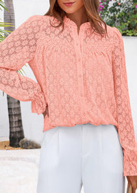 Eyelet Long Sleeve Casual Hollow Out Button Up Lace Blouse