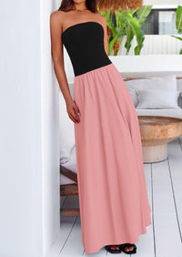 Strapless Patchwork Long Flowy Elegant Tube Top Maxi Dresses with Pockets