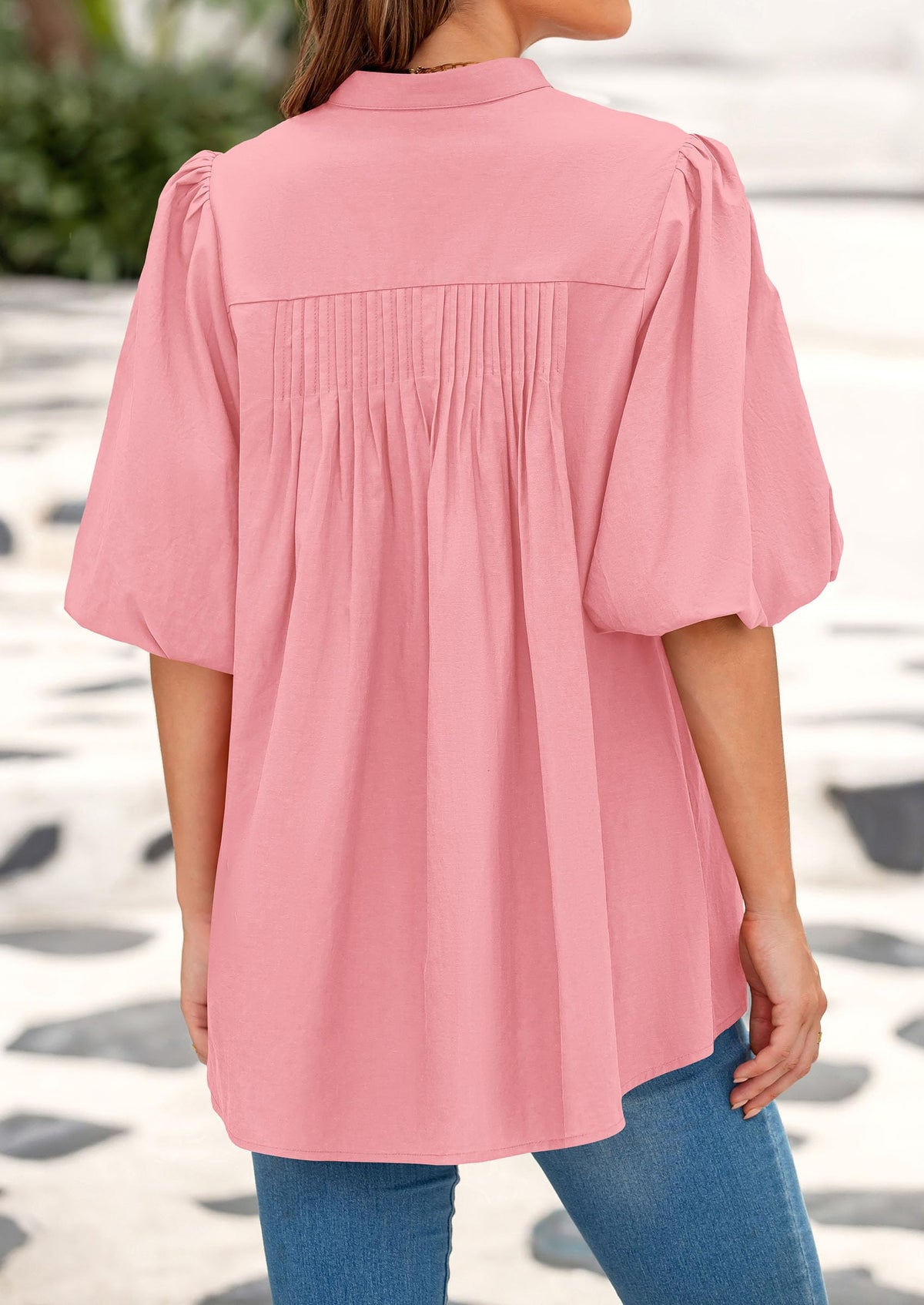 Lantern Sleeve Loose Fit Button Down Casual Pleated V Neck Blouses