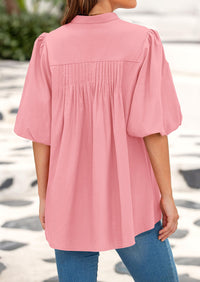 Lantern Sleeve Loose Fit Button Down Casual Pleated V Neck Blouses