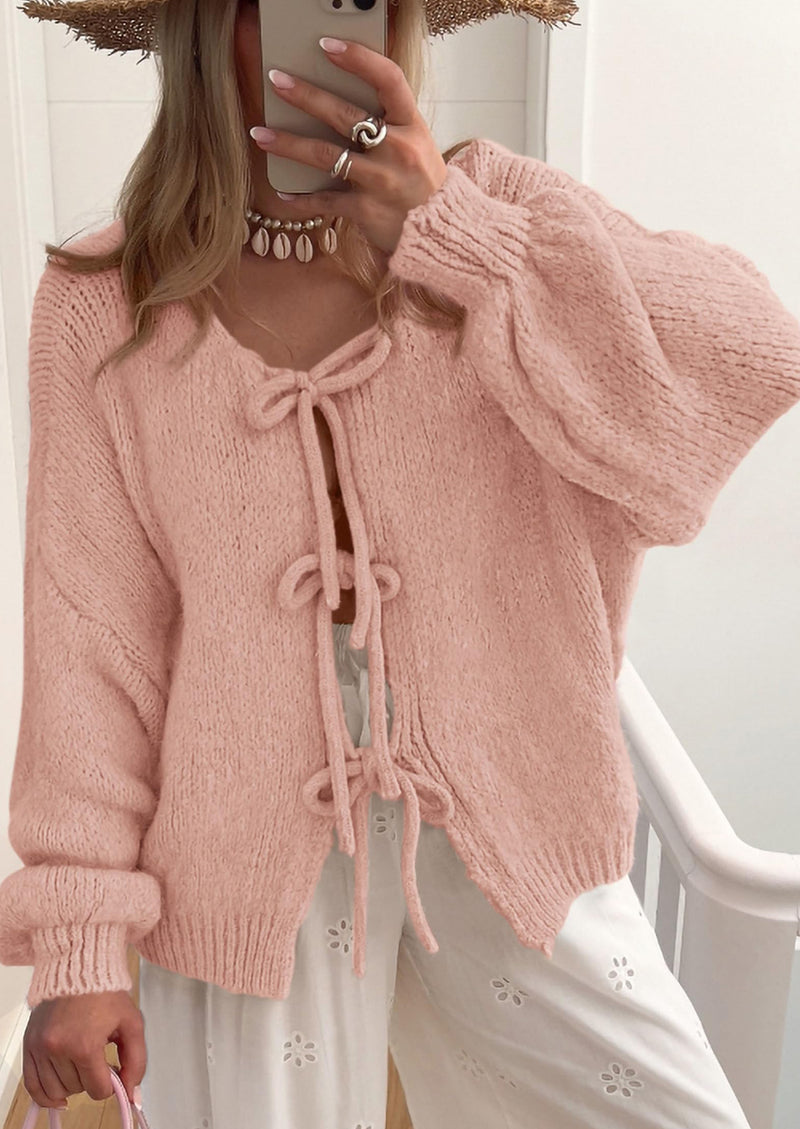 PRETTYGARDEN Women's Tie Front Bow Cardigan Sweaters Chunky Knit Long Puff Sleeve Trendy Fall Winter Jacket Coats