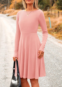 Ribbed Knit Crew Neck Long Sleeve A-Line Flowy Casual Elegant Mini Dresses