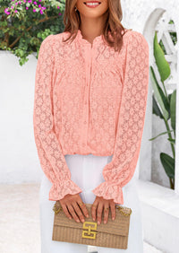 Eyelet Long Sleeve Casual Hollow Out Button Up Lace Blouse