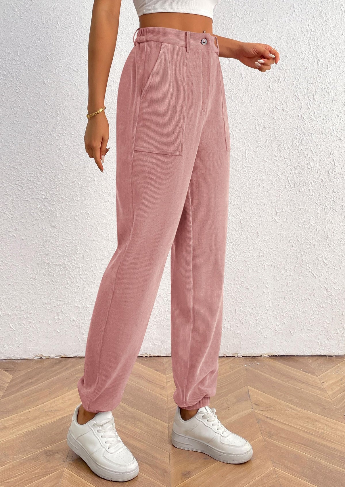 Elastic High Waisted Work Office Corduroy Casual Pants with Pockets