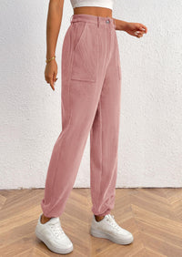 Elastic High Waisted Work Office Corduroy Casual Pants with Pockets
