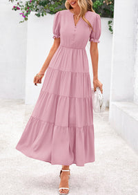 Casual Short Sleeve V Neck Tiered Flowy Beach Vacation Maxi Dress with Pockets