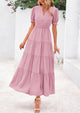 Casual Short Sleeve V Neck Tiered Flowy Beach Vacation Maxi Dress with Pockets