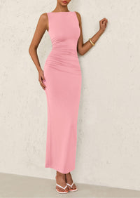 Sleeveless Ruched Bodycon Slit Long Maxi Dresses