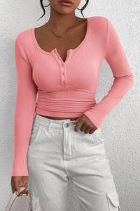 Long Sleeve Henley Button Down Ribbed Knit Slim Fit Casual T-shirts