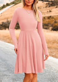 Ribbed Knit Crew Neck Long Sleeve A-Line Flowy Casual Elegant Mini Dresses