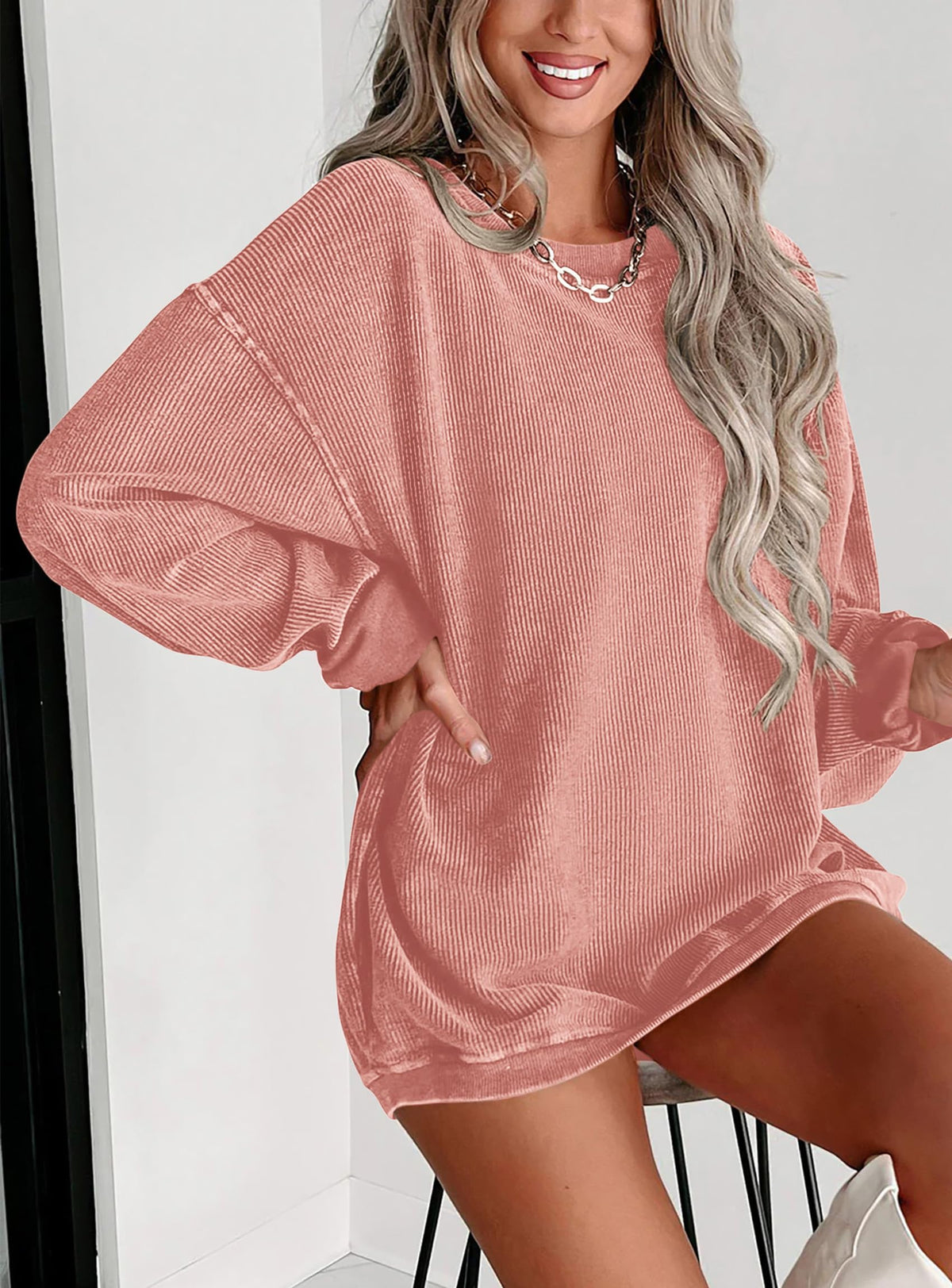 Ribbed Corduroy Crew Neck Long Sleeve Loose Fit Casual Oversized Sweatshirt