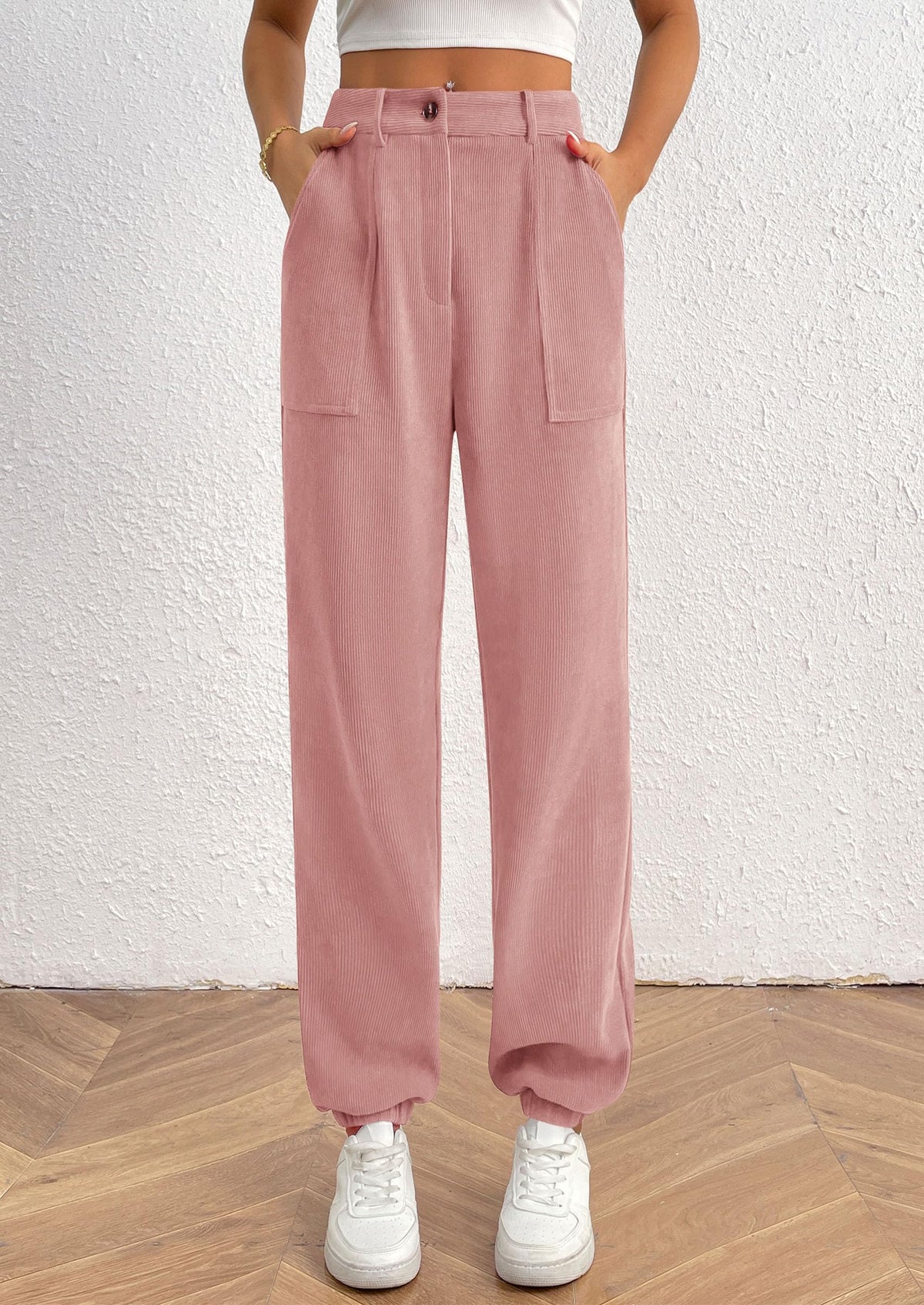 Elastic High Waisted Work Office Corduroy Casual Pants with Pockets