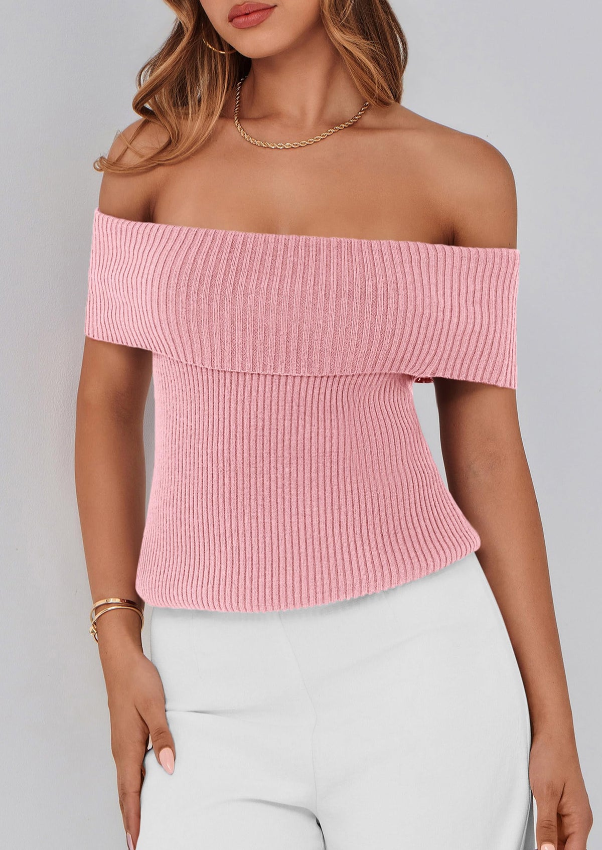 Off Shoulder Ribbed Knit Short Sleeve Blouse