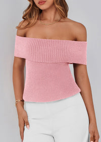 Off Shoulder Ribbed Knit Short Sleeve Blouse