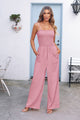 Linen Smocked Spaghetti Strap Pockets Wide Leg Jumpsuits