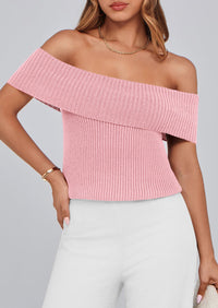 Off Shoulder Ribbed Knit Short Sleeve Blouse