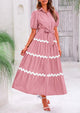 Button Down Puff Short Sleeve Ruffle Flowy Maxi Shirt Dresses With Belt