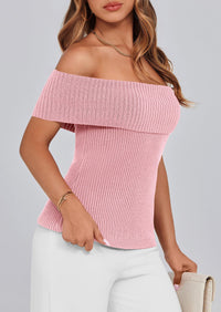 Off Shoulder Ribbed Knit Short Sleeve Blouse