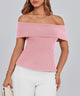 Off Shoulder Ribbed Knit Short Sleeve Blouse