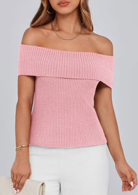 Off Shoulder Ribbed Knit Short Sleeve Blouse