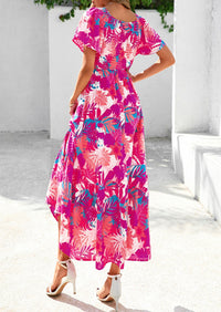 Floral Boho Short Sleeve V Neck Smocked A Line Beach Vacation Maxi Dresses