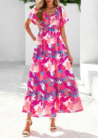 Floral Boho Short Sleeve V Neck Smocked A Line Beach Vacation Maxi Dresses