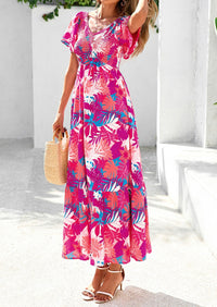 Floral Boho Short Sleeve V Neck Smocked A Line Beach Vacation Maxi Dresses