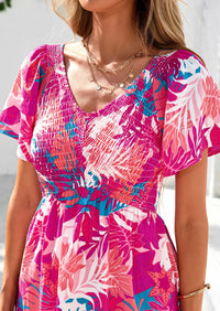 Floral Boho Short Sleeve V Neck Smocked A Line Beach Vacation Maxi Dresses