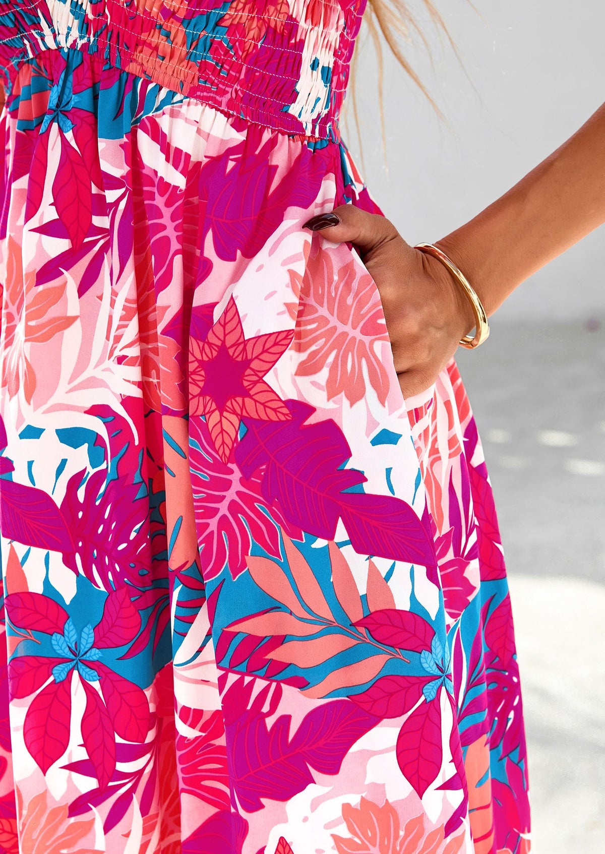 Floral Boho Short Sleeve V Neck Smocked A Line Beach Vacation Maxi Dresses