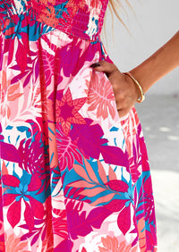 Floral Boho Short Sleeve V Neck Smocked A Line Beach Vacation Maxi Dresses