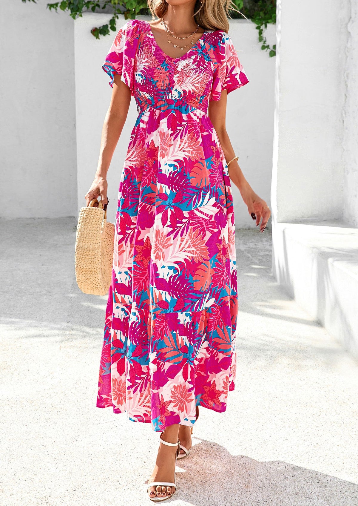 Floral Boho Short Sleeve V Neck Smocked A Line Beach Vacation Maxi Dresses