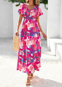 Floral Boho Short Sleeve V Neck Smocked A Line Beach Vacation Maxi Dresses