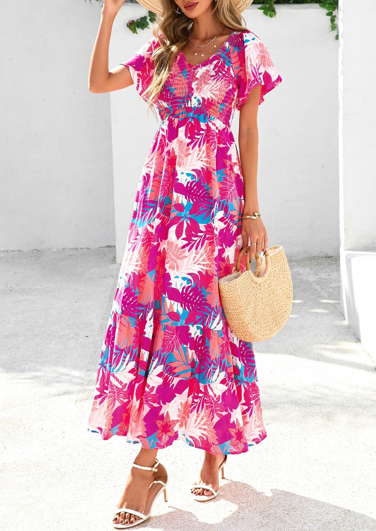 Floral Boho Short Sleeve V Neck Smocked A Line Beach Vacation Maxi Dresses