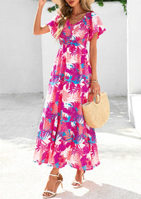 Floral Boho Short Sleeve V Neck Smocked A Line Beach Vacation Maxi Dresses