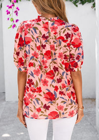 Floral Short Sleeve Dressy Casual Boho Pleated  Blouses