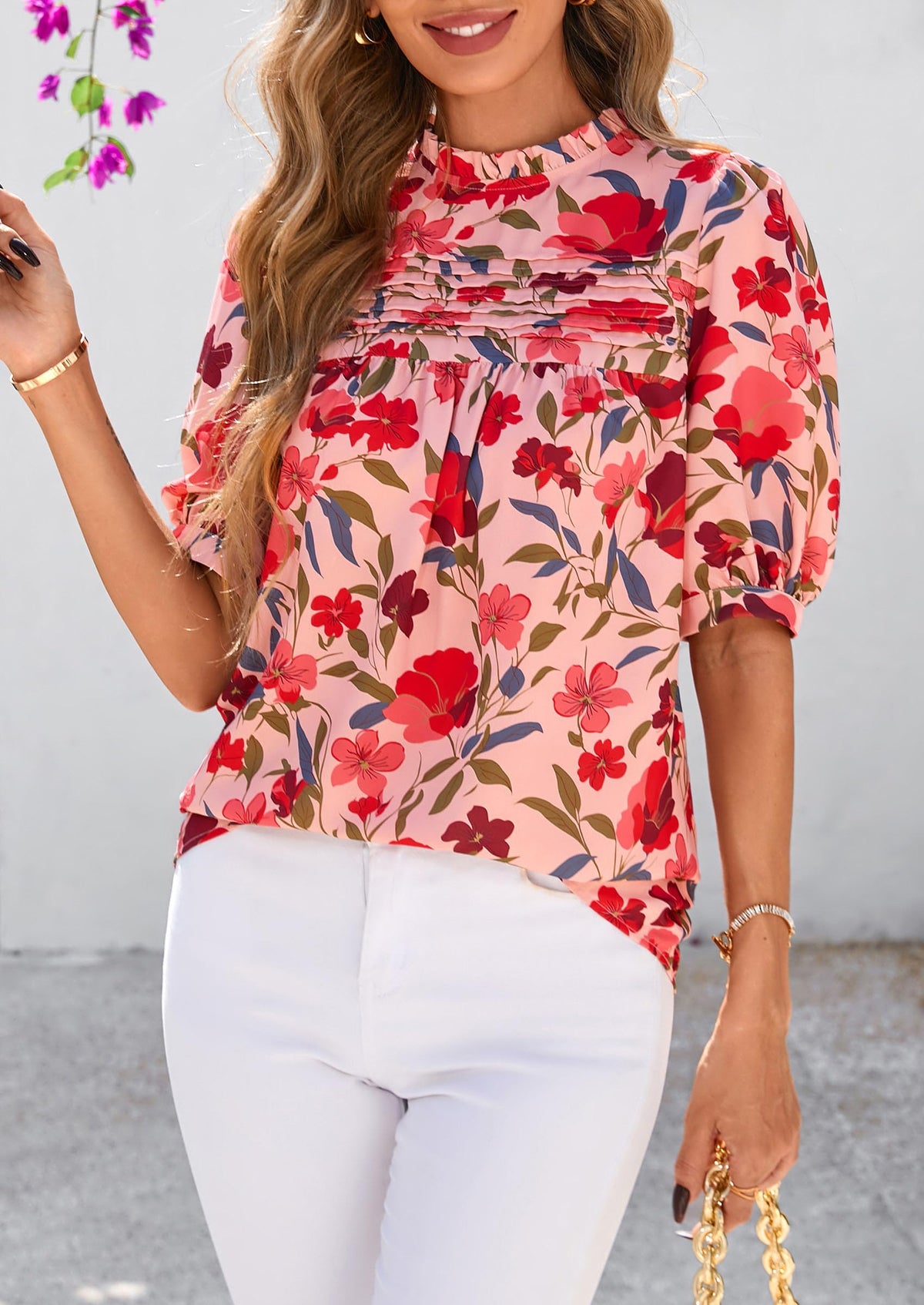 Floral Short Sleeve Dressy Casual Boho Pleated  Blouses