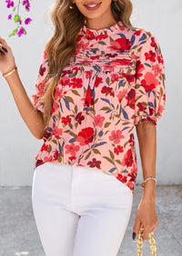 Floral Short Sleeve Dressy Casual Boho Pleated  Blouses