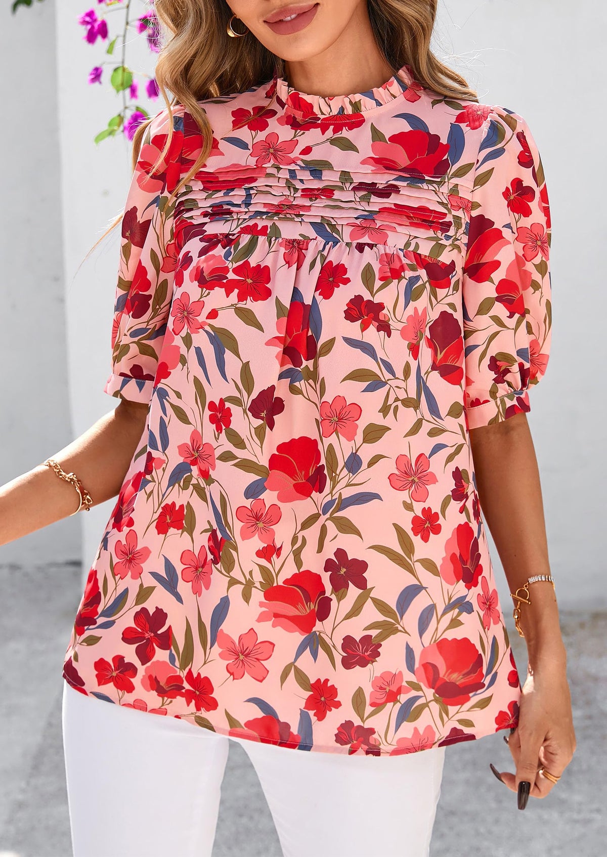 Floral Short Sleeve Dressy Casual Boho Pleated  Blouses