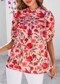 Floral Short Sleeve Dressy Casual Boho Pleated  Blouses
