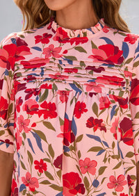 Floral Short Sleeve Dressy Casual Boho Pleated  Blouses