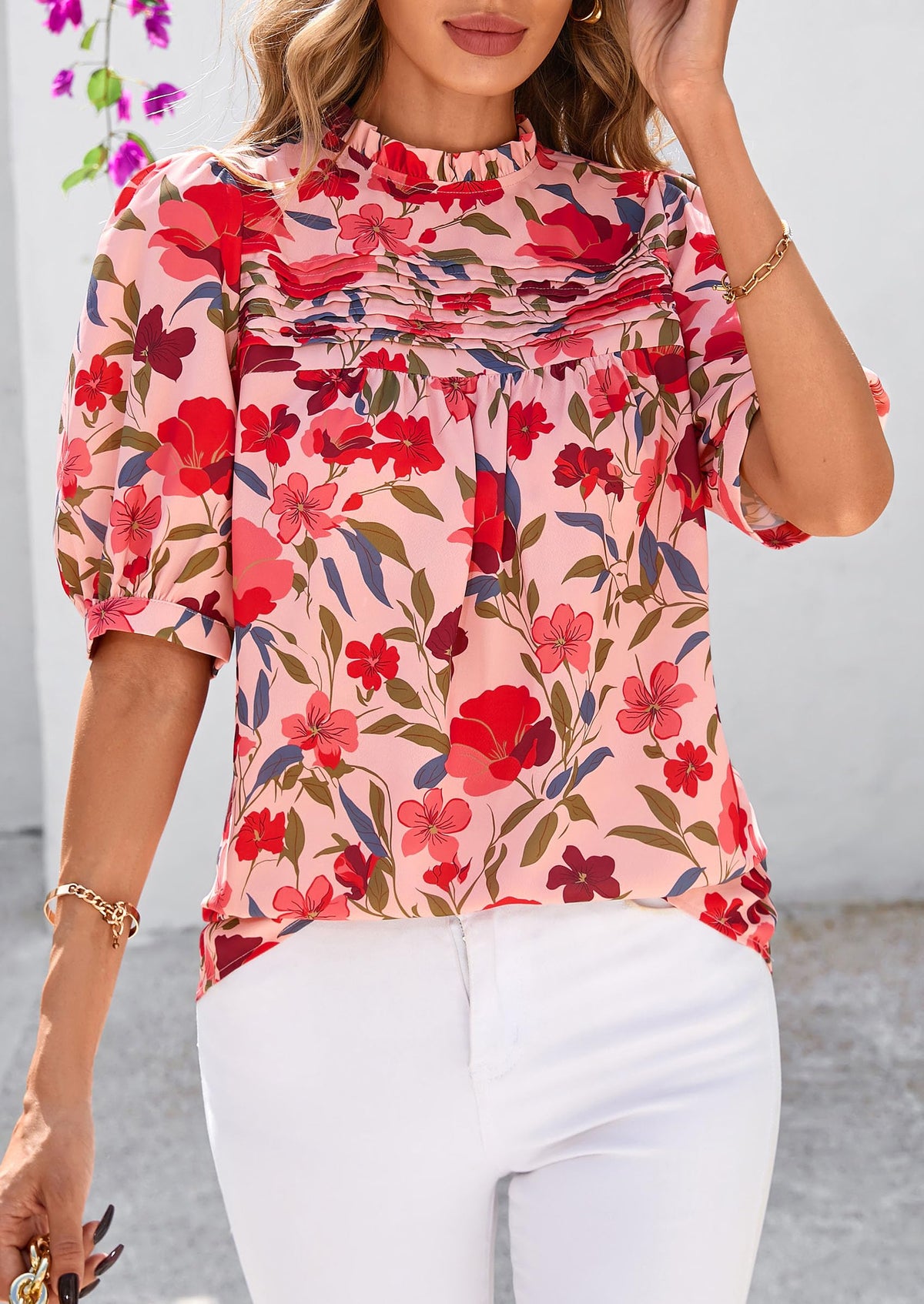 Floral Short Sleeve Dressy Casual Boho Pleated  Blouses